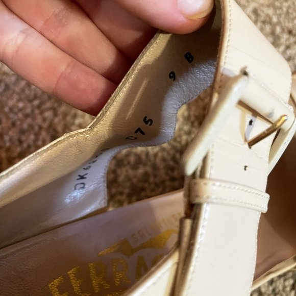 Salvatore Ferragamo 9B Open Toe Tan Buckle Heels - Picture 7 of 7